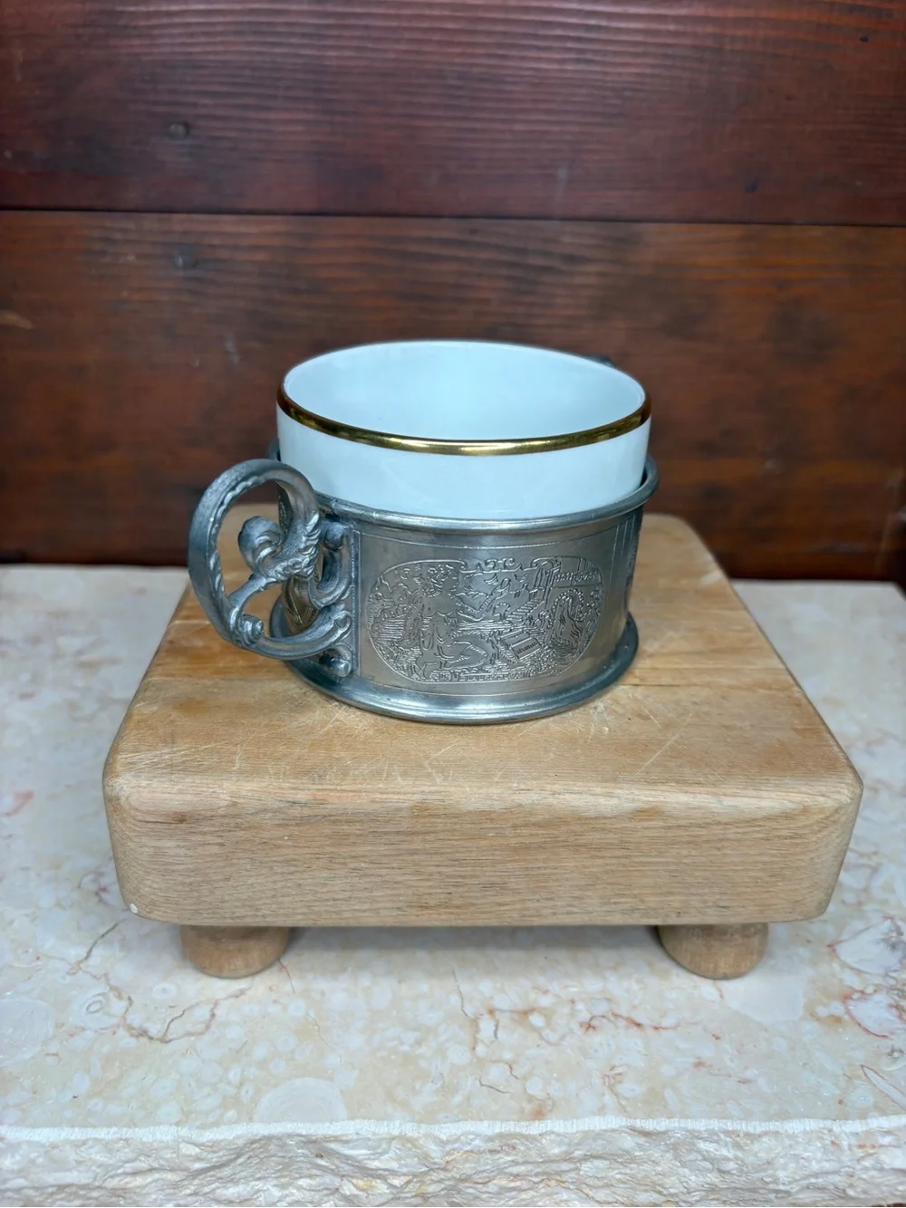 Vintage Fine Pewter Double Handle Sugar Bowl with Porcelain Insert Czech German